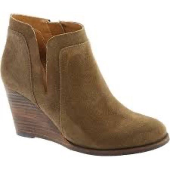 Lucky Brand Yabba Tan Suede Wedge Size Zip Booties Sz 6.5 - Picture 1 of 7